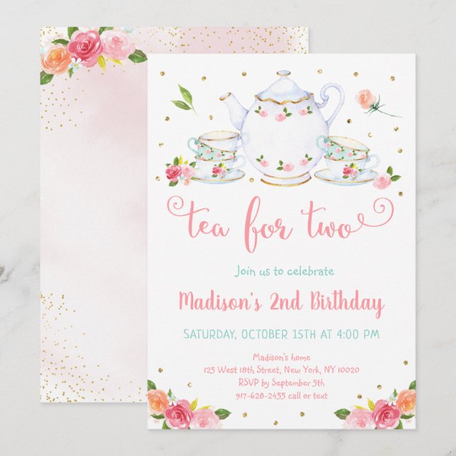 Tea för två Rosa Guld Blommigt Tea Party födelseda Inbjudningar (Fram/baksida)