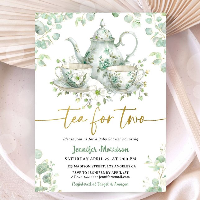 Tea för två Tea Baby Shower Grön Guld Tvillingar Inbjudningar (Skapare uppladdad)