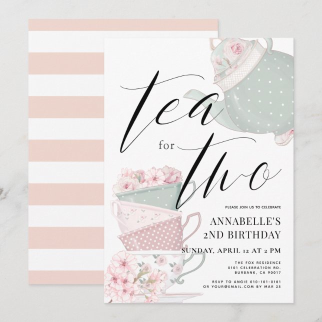 Tea för två tea Party, andra födelsedagen Inbjudningar (Fram/baksida)