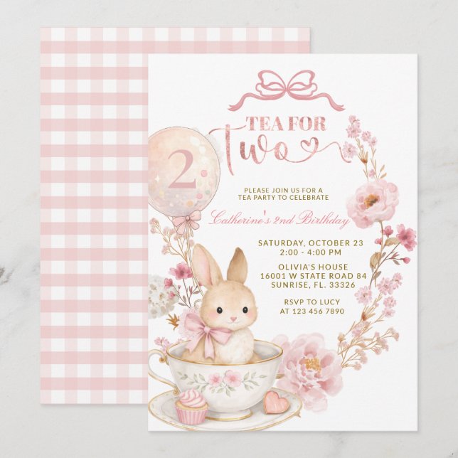 Tea for Two 2nd Birthday Bunny Spring Pink  Inbjudningar (Fram/baksida)