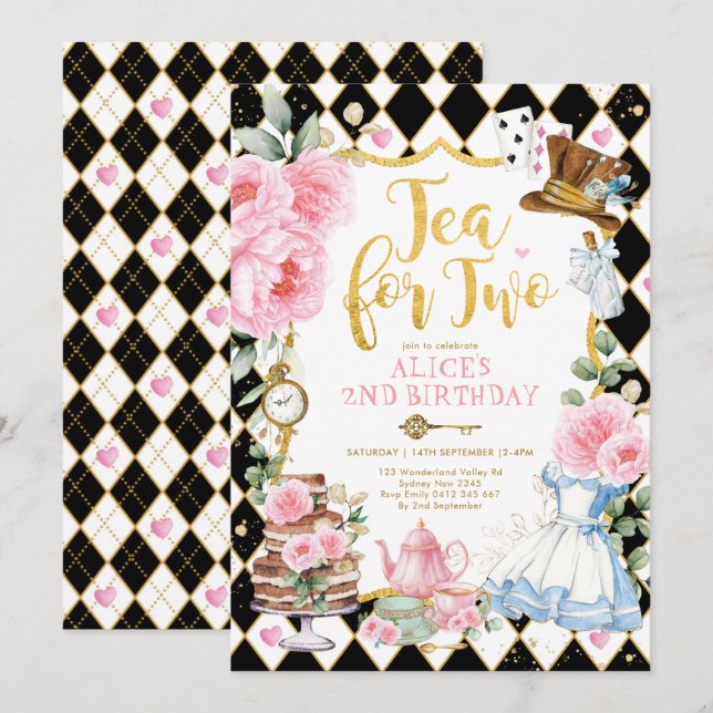 Tea for Two Alice i Wonderland Flower Birthday Inbjudningar (Fram/baksida)
