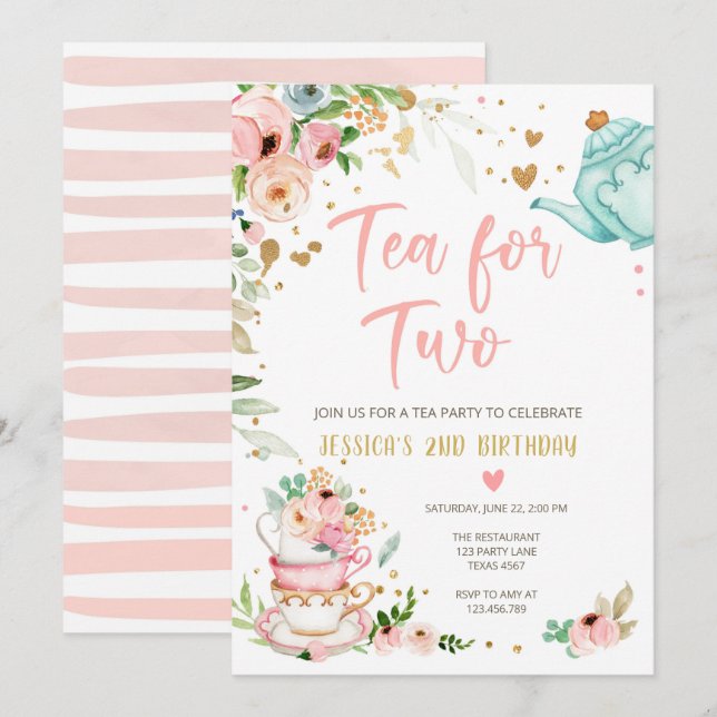 Tea for Two Birthday Call Blommigt Tea Party Inbjudningar (Fram/baksida)