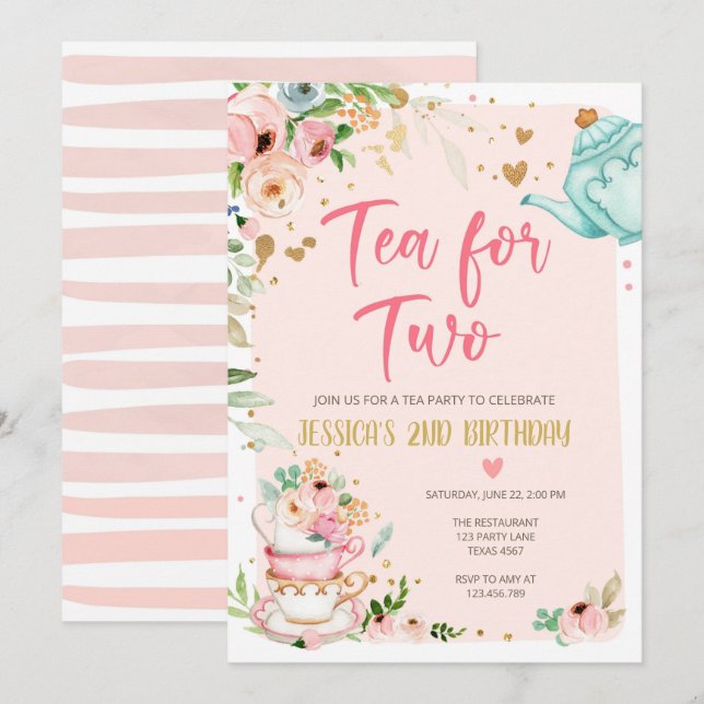 Tea for Two Birthday Call Blommigt Tea Party Inbjudningar (Fram/baksida)