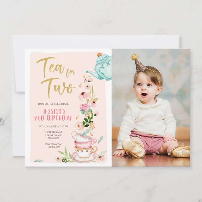 Tea for Two Birthday Call Blommigt Tea Party Inbjudningar (Framsida)