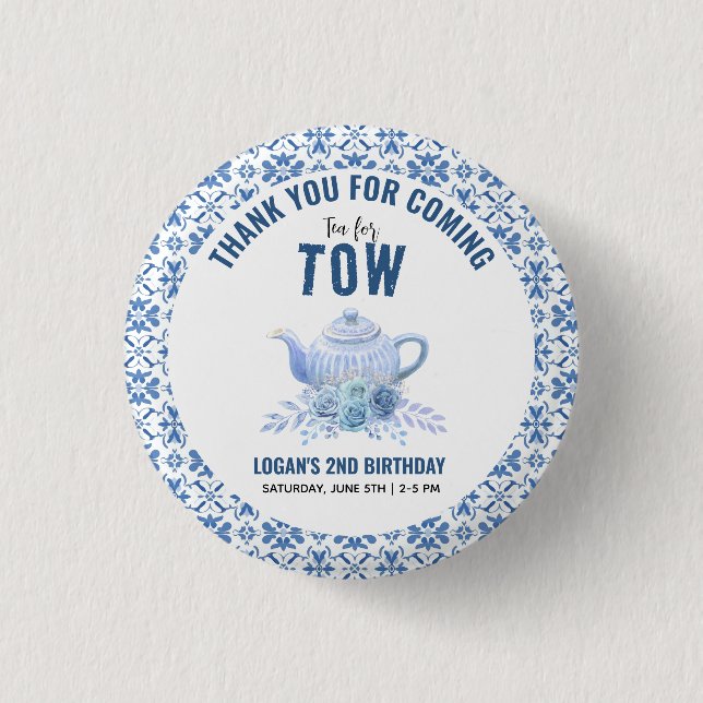 Tea for Two – Blommig 2-års födelsedagsfest Knapp (Framsida)