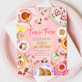 Tea for Two Party Girl Rosa Guld Second Birthday Inbjudningar