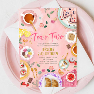 Tea for Two Party Girl Rosa Guld Second Birthday Inbjudningar