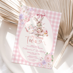 Tea For Two Påskharen Rosa Gingham 2-årsdag Inbjudningar