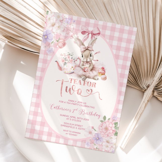 Tea For Two Påskharen Rosa Gingham 2-årsdag Inbjudningar (Skapare uppladdad)