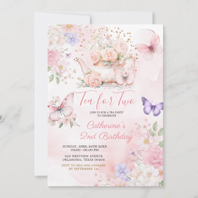 Tea For Two Pink Purple Tea Party Butterfly  Inbjudningar (Framsida)