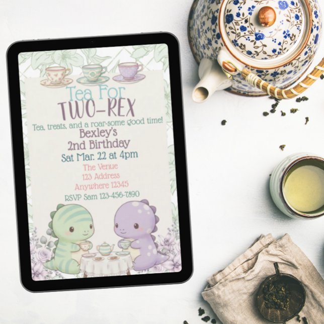 Tea for Two-Rex Pastelldinosaur 2-årsdag Inbjudningar (Skapare uppladdad)