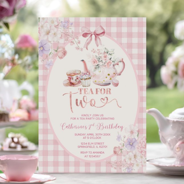 Tea For Two Rosa Blommig Tekanna Party 2-årsdag Inbjudningar (Skapare uppladdad)