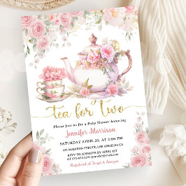Tea for Two Tea Baby Shower Guld Rosé Blommig Inbjudningar