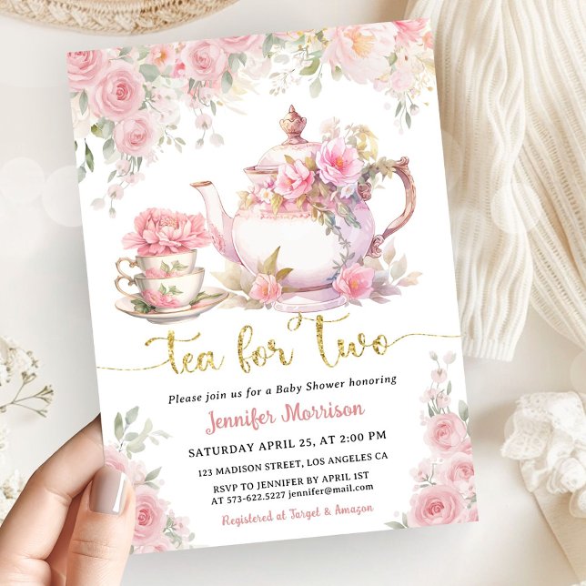 Tea for Two Tea Baby Shower Guld Rosé Blommig Inbjudningar (Skapare uppladdad)