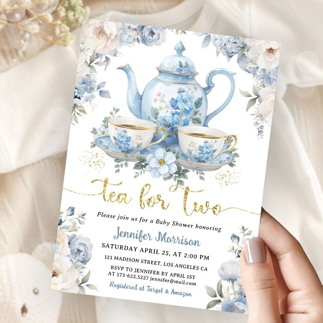 Tea for Two Tea Baby Shower Pojke Guld Blå Blommig Inbjudningar (Skapare uppladdad)
