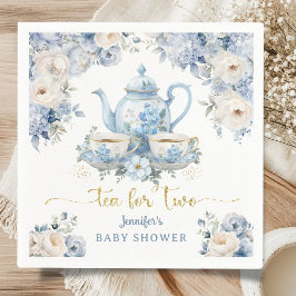 Tea for Two Tea Baby Shower Pojke Guld Blå Blommig Pappersservett