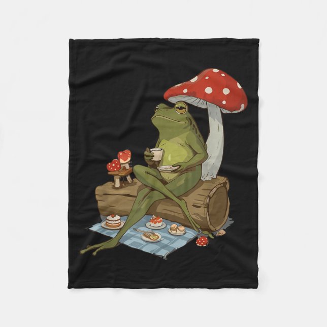 Tea Frog Mushroom Cnic Cute Nature Aesthetic Cotta Fleecefilt (Framsidan)