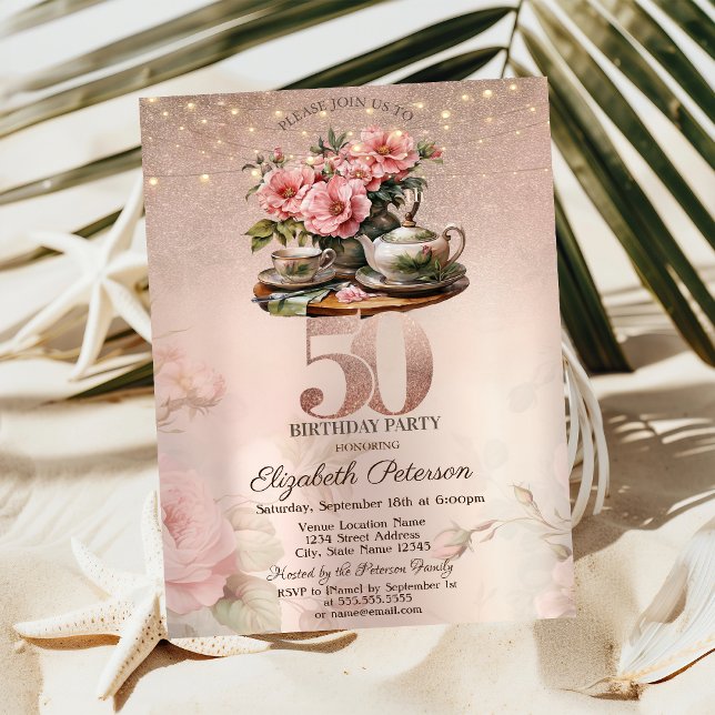 Tea Kopp Flowers Glitter Ro Guld 50:e födelsedagen Inbjudningar (Skapare uppladdad)