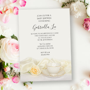 Tea Kopp med Vit ros Blommigt Baby Shower Inbjudningar