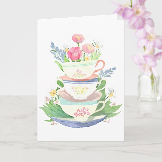 Tea kopp stapel i pastel med blommor kort (Orkide)