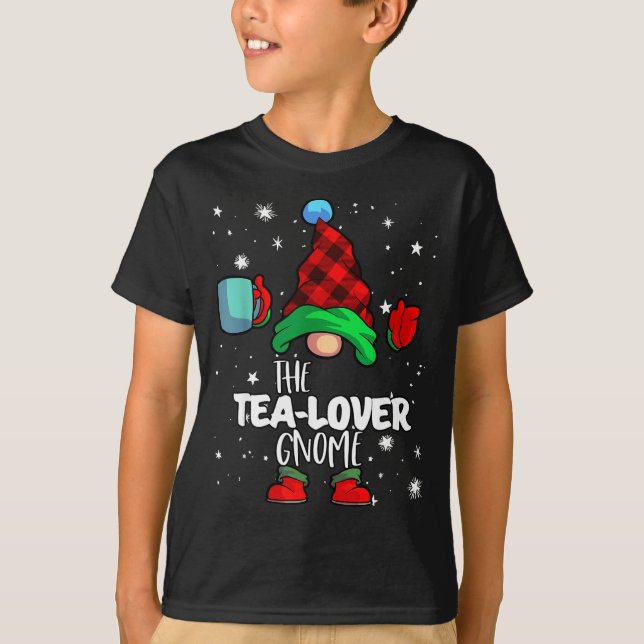 Tea Lover Gnome Red Buffalo Plaid Matching Family  T Shirt (Framsida)