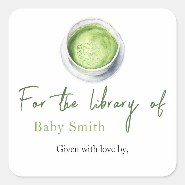 Tea Matcha Baby Shower - bibliotek i Fyrkantigt Klistermärke (Framsida)