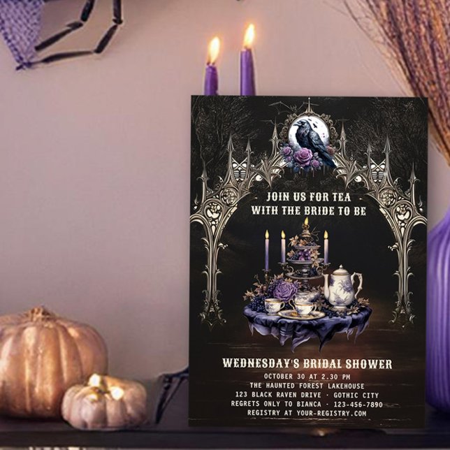 Tea med Bride Gothic Möhippa Inbjudningar (Tea with the Bride Gothic Halloween Bridal Shower Invitation by Darling & May)