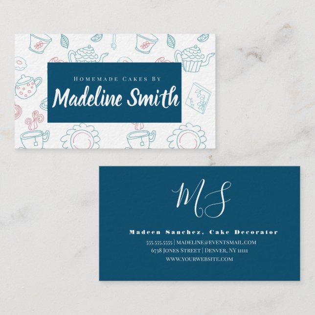 Tea och Cake Doodles Homemade Cake Bakery Visitkort (Fram/baksida)