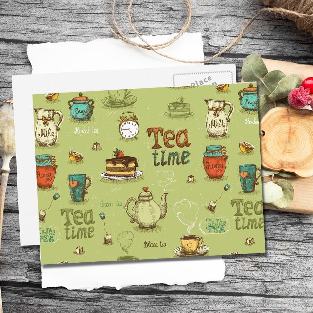Tea och Honung Tea Time i Grönt Vykort (Skapare uppladdad)