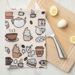Tea och kaffebutiksobjekt Mönster Kökshandduk<br><div class="desc">Kafékollage eller kaffekassage på beige.</div>