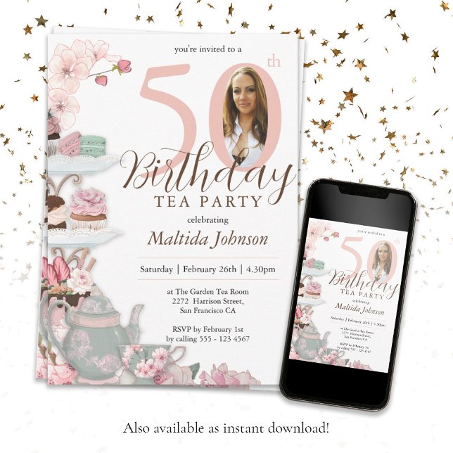 Tea Party 50:e födelsedag Blommigt Rosa Anpassning Inbjudningar (Tea Party 50th Birthday Floral Pink Custom Photo Invitation)