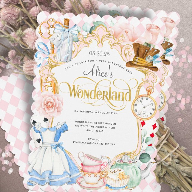 Tea party Alice i rosa på underland Inbjudningar (Cute girl 1st birthday invitation, Alice in Wonderland themed birthday invitation. )