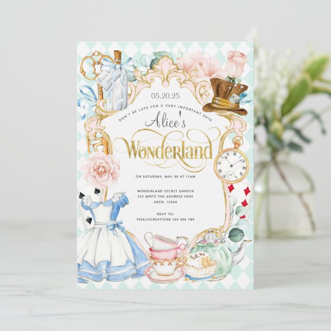 Tea party Alice i rosa på underland Inbjudningar (Stående Fram)
