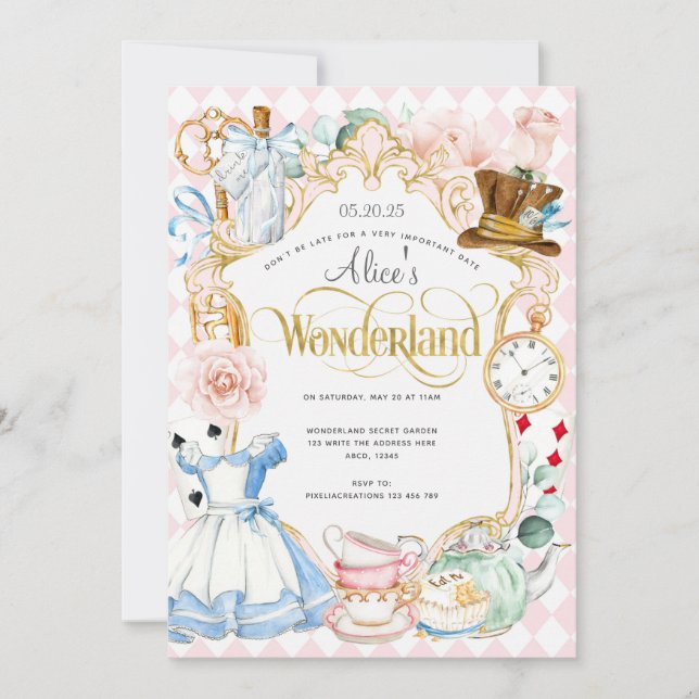 Tea party Alice i underlandets rosa Flickfödelseda Inbjudningar (Framsida)