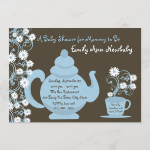 Tea Party Baby Shower Blue och Brown Inbjudningar