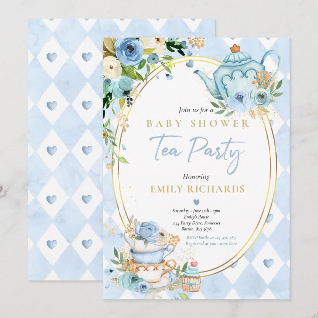 Tea Party Baby Shower Boy Blue Ro Baby Brewing Inbjudningar (Fram/baksida)
