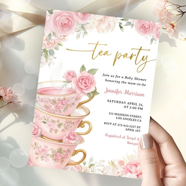 Tea Party Baby Shower Flicka Rosa & Guld Blommig Inbjudningar (Skapare uppladdad)