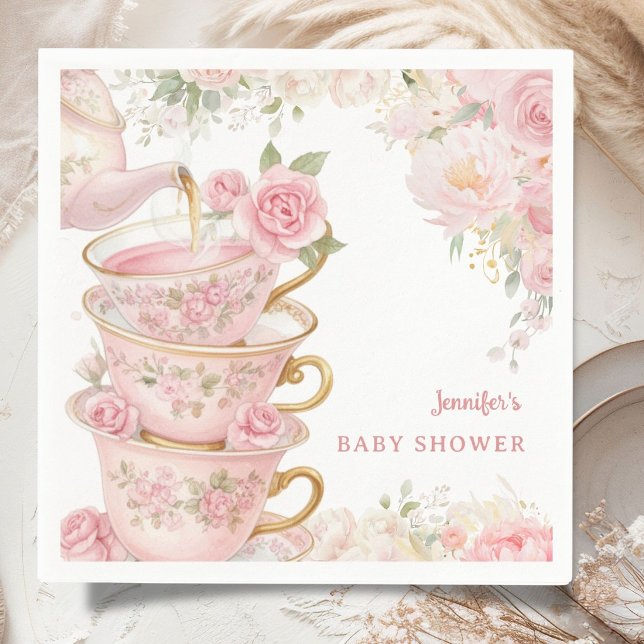 Tea Party Baby Shower Flickig Rosa Blommig  Pappersservett (Skapare uppladdad)