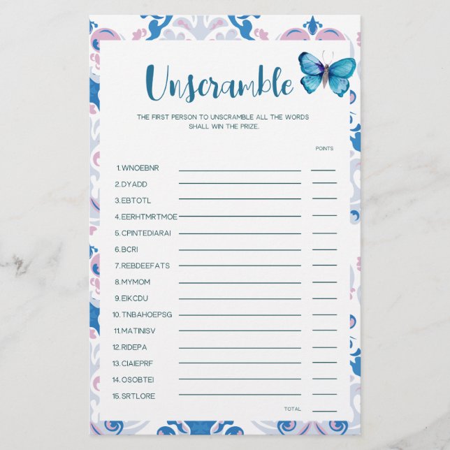 Tea Party Baby Shower Game Baby Ord Scramble-spel (Framsida)