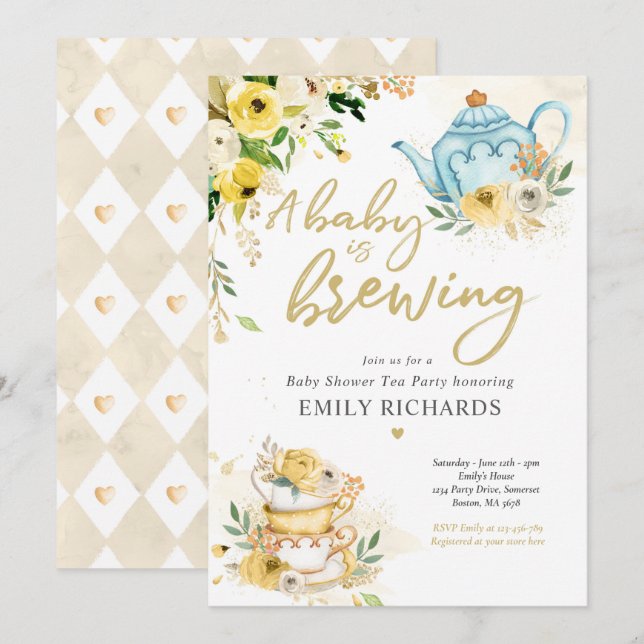 Tea Party Baby Shower Gender Neutral Baby Brev Inbjudningar (Fram/baksida)