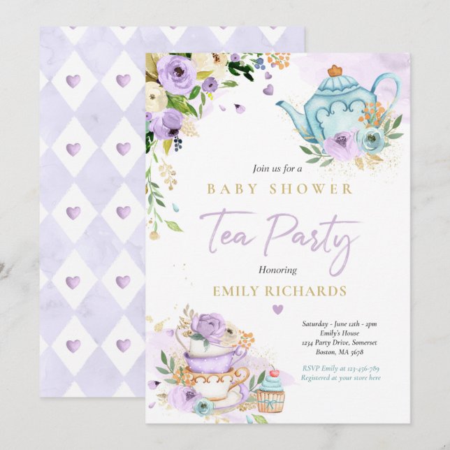 Tea Party Baby Shower Girl Lilac Ro Baby Brewing Inbjudningar (Fram/baksida)