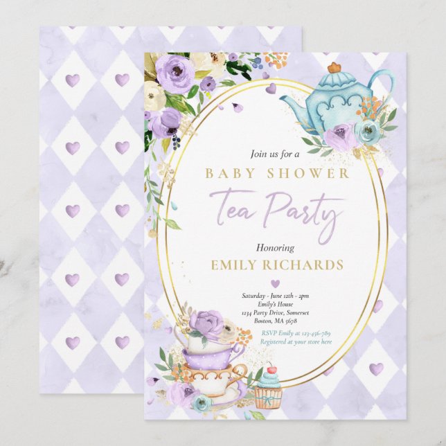 Tea Party Baby Shower Girl Lilac Ro Baby Brewing Inbjudningar (Fram/baksida)