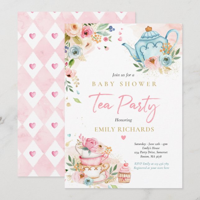 Tea Party Baby Shower Girl Rosa ros Baby Brewing Inbjudningar (Fram/baksida)