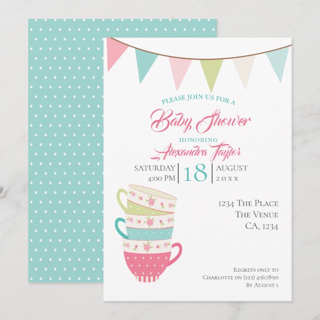 Tea Party Baby Shower Personlig Inbjudningar (Fram/baksida)