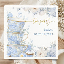 Tea Party Baby Shower Pojke Blå & Guld Blommig