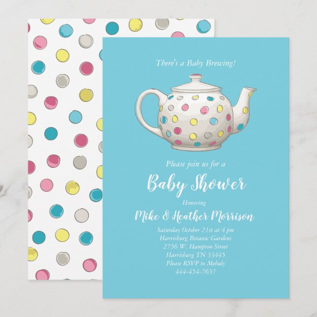 Tea Party Baby Shower Polka Dot Blue Boy Inbjudningar (Fram/baksida)