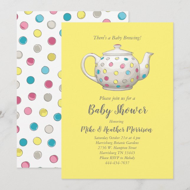 Tea Party Baby Shower Polka Dot Gender Neutral Inbjudningar (Fram/baksida)