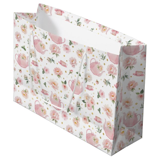 Tea Party Baby Shower Rosa Blommigt Large Gift Bag (Framsidan Vinklad)