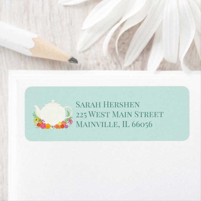 Tea Party Baby Shower Tekanna Vår Blommigt Returadress Etikett (Insitu)