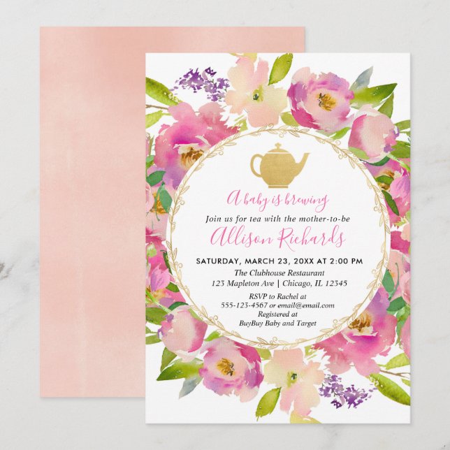 Tea party babydusch Boho  rosa pastel Inbjudningar (Fram/baksida)